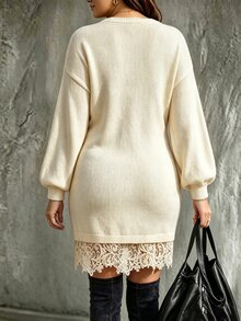 Ceyna Plus Size Women's Soft Apricot Solid Color Round Neck Lantern Sleeve Patchwork Asymmetrical Lace Trim Elegant Comfortable Spring Autumn Winter Knit Sweater Dress, Suitable For Daily Commute/Home/Travel/Vacation - Apricot - View 3