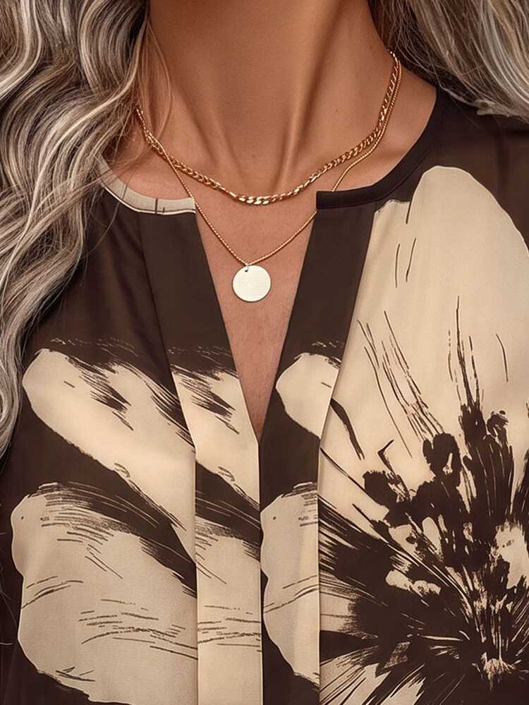SHEIN LUNE Women's Casual Minimalist V-Neck Pullover Long Sleeve Brown & Apricot Floral Contrast Print Blouse - Multicolor - View 8