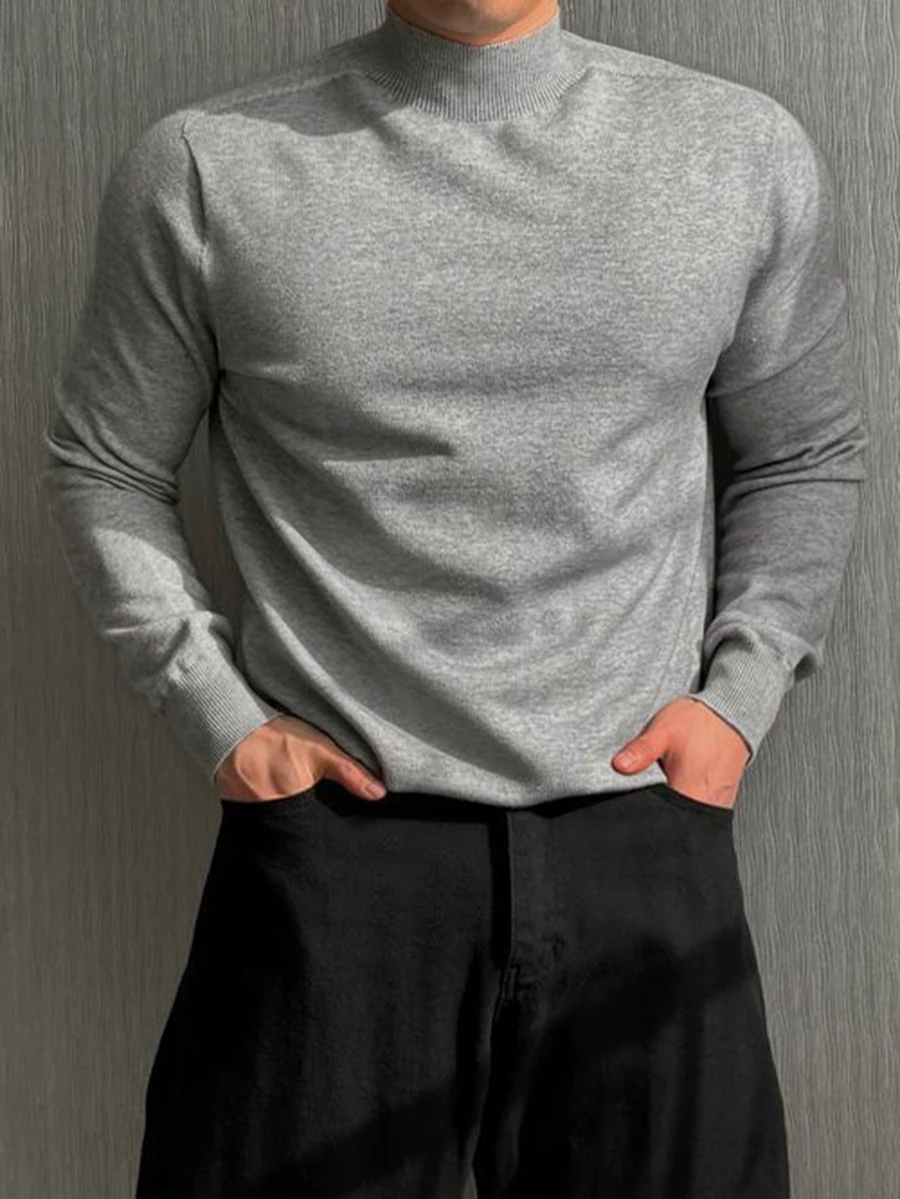 DAZY Spring/Autumn Grey Floral Small Stand Collar Fitted Commuter Korean Style Men's Sweater - Grey - View 1