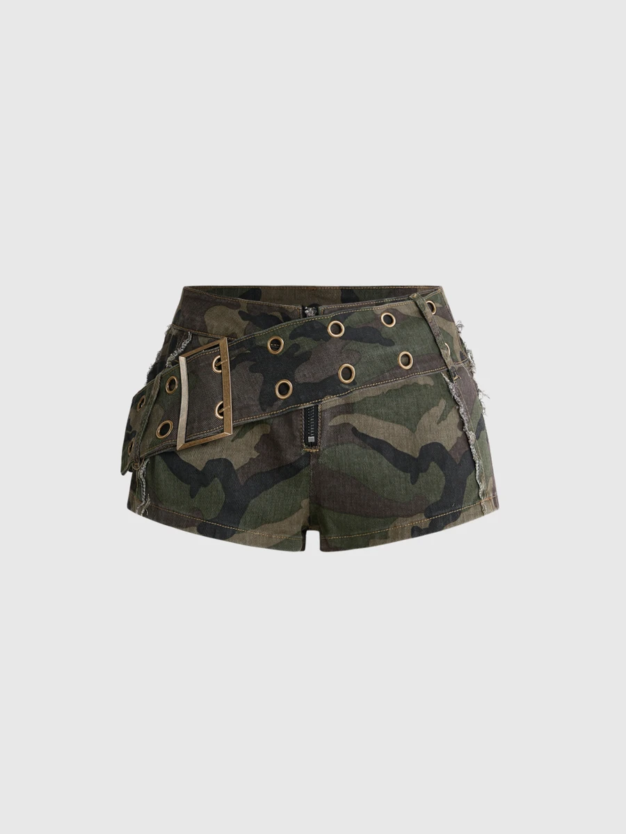 ROMWE Grunge Punk Women's Vintage Wide Belt Metal Contrast Color Denim Shorts - Green - View 1