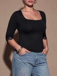 SHEIN BAE CURVE Plus Size Women's Sexy Square Neck Lace Fitted Long Sleeve Top With Lace Trim, Bow Detail On Chest , Cropped Cut Black Casual,Thanksgiving,Basics Top - Black - View 2