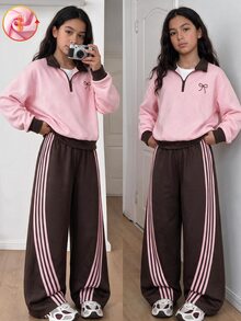 SHEIN Sparklyn 青少年女孩蝴蝶結圖案拼色半拉鍊運動衫與側條紋寬腿褲返校休閒Y2K運動風兩件套 - 彩色 - 查看 1