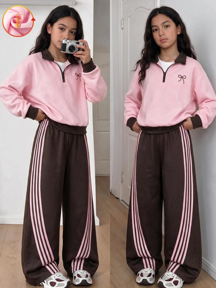 SHEIN Sparklyn 青少年女孩蝴蝶結圖案拼色半拉鍊運動衫與側條紋寬腿褲返校休閒Y2K運動風兩件套 - 彩色 - 查看 1