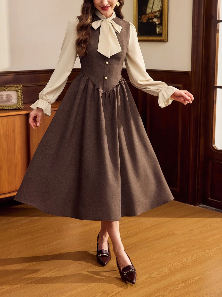 Vintamour Women's Fashion 2in1 Pleated Bow Design Long Dress - Brown - View 1