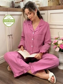 Snug Reverie طقم بيجامة نسائي من القطن 100% باللون الوردي العميق، مفتوح من الأمام بأكمام طويلة، ملابس منزلية رومانسية منعشة بنقشة جاكار وحافة مكشكشة - وردي - مشاهدة 6