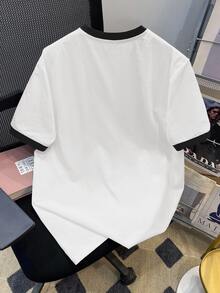Manfinity Hypemode Plus Size Men's Crew Neck Contrast Trim Graphic Print Casual Minimalist Short Sleeve T-Shirt - Black and White - View 3