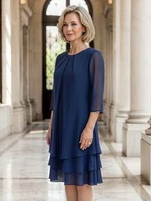 EMERY ROSE Middle-Aged Women Solid Color Round Neck Pleated Design Multi-Layer Ruffle Hem Casual Loose Fit Dress - Navy Blue - View 4