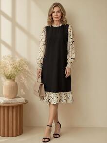 EMERY ROSE Women's Round Neck Patchwork Contrast Color Design Elegant Dress - Black - View 9