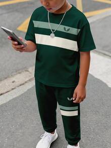 Tween Boy Casual Comfortable Fashion Minimalist Crew Neck Short Sleeve T-Shirt And Long Pants Set - Multicolor - View 5