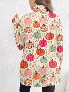 SHEIN Casual Minimalist Plus Size High Neck Long T-Shirt, Spring/Autumn, Autumn/Winter, Halloween - Multicolor - View 2