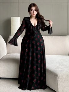 Vibekara 大尺碼女款V領荷葉邊玫瑰喇叭袖長洋裝，甜美性感復古浪漫透視設計，四季百搭，適合日常穿著、返校季、雞尾酒會、婚禮賓客、優雅晚宴、浪漫約會與感恩節聚會，黑色長洋裝，情人節、春節，滿足秋冬造型需求 - 彩色 - 查看 5