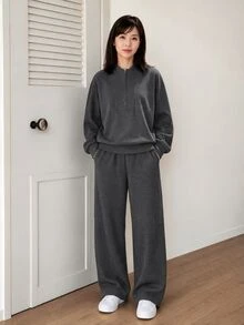 Yumoku Bộ thời trang nữ nửa khóa kéo, áo nỉ dài tay dáng ôm mùa đông mới và quần ống rộng, set 2 món - Xám - Xem 5
