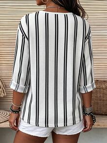 SHEIN Fashion Casual Basic 3+ Waffle Texture Fabric White Base Vertical Stripe Print Design Button Placket Plus Size T-Shirt - Multicolor - View 2