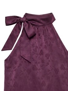 Nöista Burgundy Jacquard Halter Mini Dress With Neck Tie, Flared Fit And Lace Hem. Fall, Winter, Party, Evening, Romantic, Dinner, Christmas, Night Out. - Purple - View 12