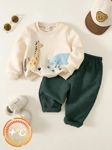 SHEIN 中性嬰兒男/女童 幼兒 2件組 秋冬保暖內裡加厚可愛動物圖案運動衫套裝 嬰兒冬季服飾 運動服套裝 聖誕 - 彩色 - 查看 5