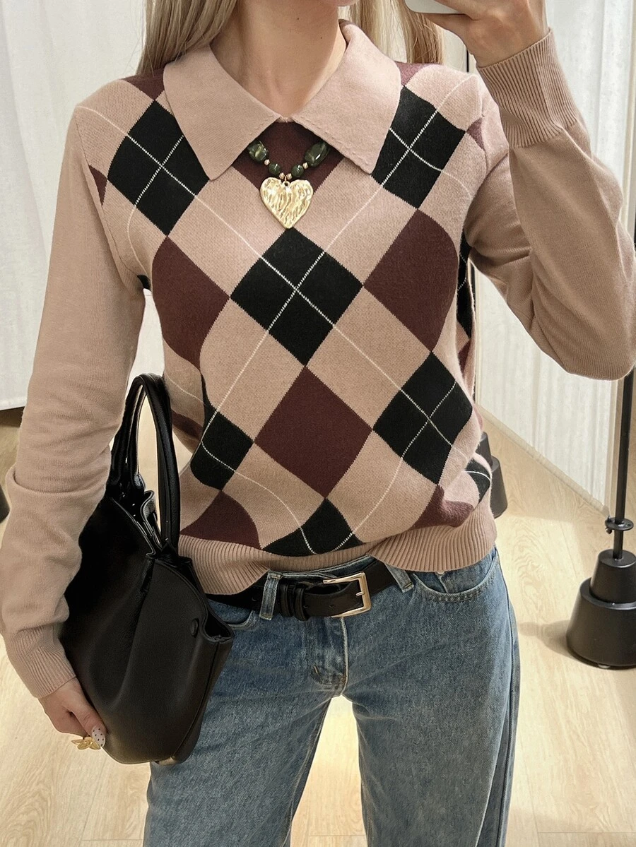 Livesso Fall/ Dark Brown Round Neck Long Sleeve Cable Knit Slim Fit Ribbed Knit Casual Vintage Preppy Women's Sweater Everyday School Work - Apricot - View 1