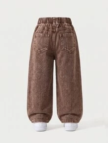 SHEIN Genkimix Kids 女童牛仔寬腿牛仔褲 全季新款 可愛趣味復古牛仔女郎風 嬰兒藍 鬆緊腰帶設計 多色愛心刺繡 秋季 - 棕色 - 查看 3