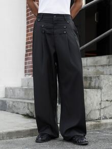 Major Grit 男士多鈕扣寬腿西裝褲，百褶寬鬆修身正裝長褲，商務休閒長褲，萬聖節節日禮物，日常通勤百搭，送給男友、丈夫的禮物 - 黑色 - 查看 3