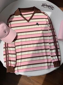Comfortcana 女款秋冬保暖內裡拼色織帶飾邊刺繡寬鬆版型 Polo 領運動衫，休閒女式上衣 - 彩色 - 查看 6