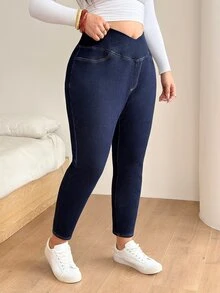SHEIN PETITE CURVE Women's Plus Size Casual Skinny Jeans - Blue - View 4