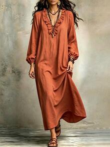 SHEIN Casual V-Neck Ruffle Loose Fit Maxi Dress For Women - Orange Red - View 7