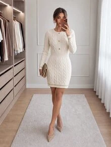 Easowa Women's Round Neck Long Sleeve Button Front Sweater Dress - White - View 6