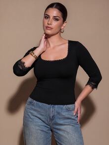 SHEIN BAE CURVE Plus Size Women's Sexy Square Neck Lace Fitted Long Sleeve Top With Lace Trim, Bow Detail On Chest , Cropped Cut Black Casual,Thanksgiving,Basics Top - Black - View 7