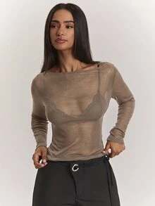 SHEIN BAE 女款優雅性感休閒日常羊絨輕量針織透視上衣，適合打造經典百搭上衣、休閒上衣、黑色上衣、百搭上衣、通勤上衣、2合1上衣 - 棕色 - 查看 6