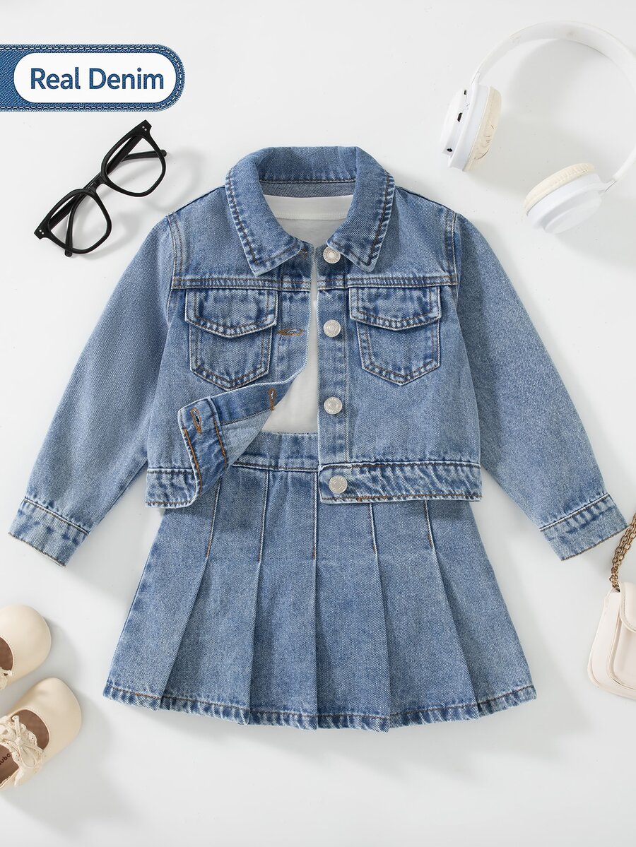 SHEIN طقم جاكيت وتنورة جينز مغسول بلون موحد للبنات، ستايل أمريكي فينتاج ستريت Y2K، إطلالة خريفية حلوة وكول من قطعتين - أزرق متوسط - مشاهدة 1