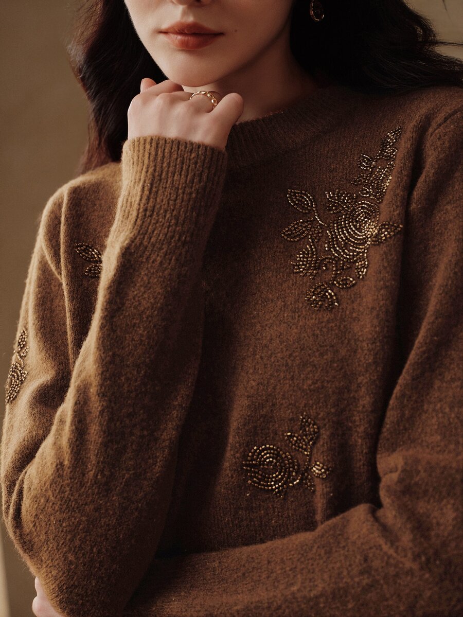 Anewsta Women's Round Neck Knitted Pullover Embroidered Sweater - Brown - View 1