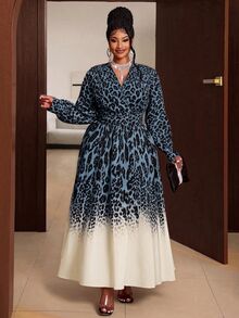 Maweii Gaun Ukuran Besar Motif Leopard Warna Blok dengan Leher Surplice untuk Musim Gugur - Biru - View 3