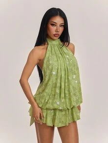 SHEIN PETITE Women's Solid Color Beaded Cold Shoulder Mini Dress - Green - View 9