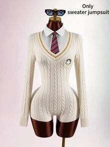 Amplova 女款學院風V領收腰超短迷你連身褲 - 杏色 - 查看 5