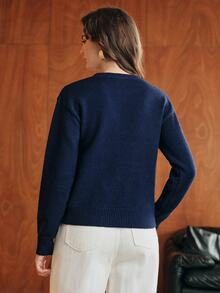 Anewsta Women's Knitted Pullover Jacquard Floral Embroidered Beaded Sweater Top - Navy Blue - View 7