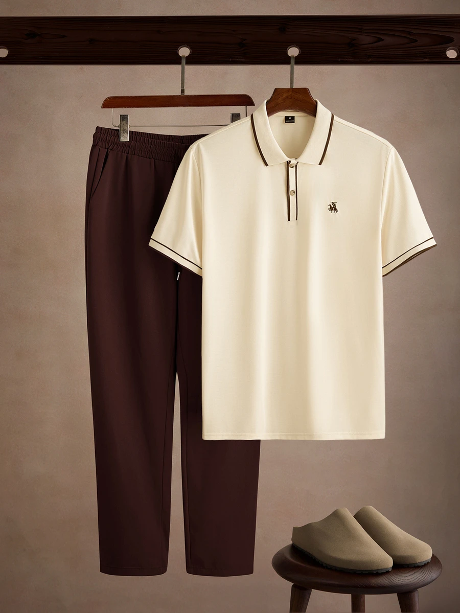 Core Aspect Men's Vintage 2 Pieces Set, Embroidered Polo Shirt + Casual Pants, Home & Commute Summer Casual Outfit - Multicolor - View 1