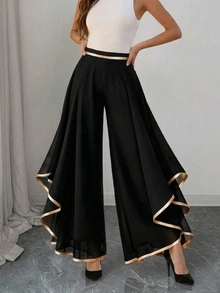 Elenzga Plus Size Women Black And Gold High Waist Wide Leg Pants Trim Piping Asymmetrical Ruffle Hem Flowy Skirt Elegant Banquet Cocktail Formal Party Fall - Black - View 1