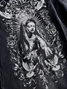 ROMWE Grunge Punk Gothic Punk Plus Size Women's Wide Leg Denim Jeans, Virgin Mary Cross Print Black & Grey Washed Design, Punk Music Festival Streetwear Long Pants - Black - View 4