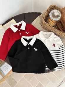SHEIN 3件組男嬰 Polo 領長袖上衣套裝，騎士與恐龍圖案 - 彩色 - 查看 7