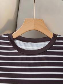 Muvela Women's Brown Striped Long Sleeve T Shirt Crew Neck Round Neck Casual Loose Fit Ribbed Cuff Drop Shoulder Stripe Tee Top Fall Winter Layering Blouse - Multicolor - View 5
