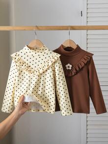 SHEIN 2件組女童幼兒簡約可愛波點印花荷葉邊高領保暖內層T恤上衣，黃色與棕色，秋冬款 - 彩色 - 查看 6