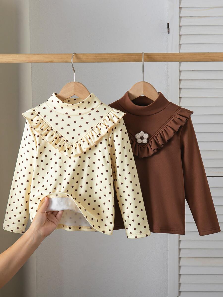 SHEIN 2pcs/Set Young Girls Toddler Simple Cute Polka Dot Print Frill Trim High Neck Thermal Lined T-Shirt Base Layer, Yellow & Brown Tops, Autumn/Winter - Multicolor - View 1