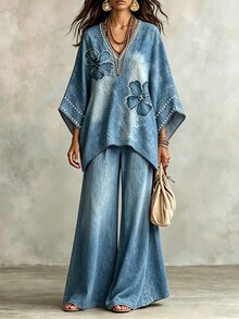 Glimmora 波希米亞復古人造珍珠丹寧花卉女款大尺碼兩件套，秋冬時尚V領長袖不對稱下擺上衣，藍白漸層高腰寬腿褲，適合休閒日常街頭穿搭 - 彩色 - 查看 3