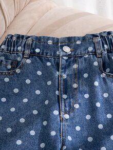 SHEIN Genkimix Kids 女童復古藍白波點高腰寬腿牛仔褲，甜美可愛韓風直筒寬腿褲，假期旅行校園出遊必備 - 中等水洗藍 - 查看 4
