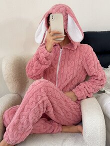 Napfluff Star Pattern 3D Ear Design Hooded Jacquard Flannel Comfortable Sleep One-Piece Suit, Fluffy And Soft, Suitable For Autumn And Winter Wear - Pink - View 5