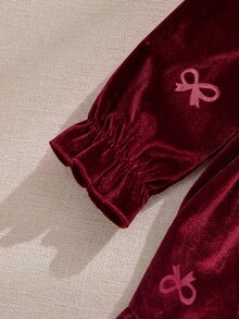 Baby Girl Bowknot Jacquard Velvet Peter Pan Collar Waist Cinched Pleated Ruffle Thick Dress Suitable For Winter And Christmas - Burgundy - View 6
