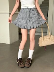 K-Vae Rok Mini A-Line Rajut Kabel Berongga dengan Ikat Pinggang dan Hem Berumbai, Serbaguna - Grey - View 4
