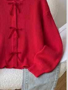 SHEIN Tween Girl Red Cardigan, Kids Suitable For Autumn/Winter, Velvet Bow, Basic Red Knit Cardigan, Christmas, Spring Festival, Holiday Party - Red - View 3