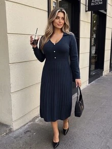 Vionelle Plus Size Women's Button French Elegant Long Sweater Dress Long Sleeve Autumn/Winter - Navy Blue - View 2