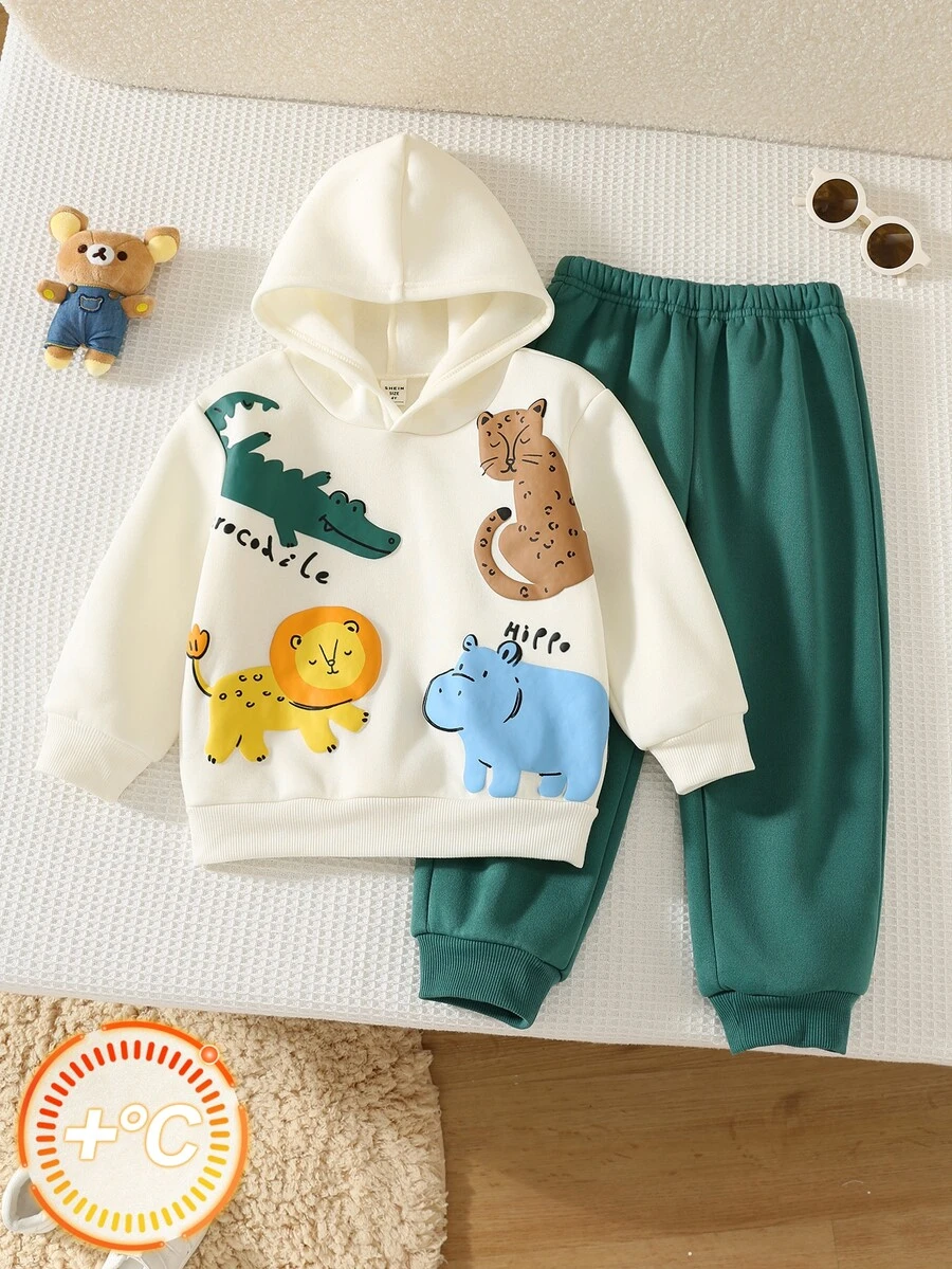 SHEIN 兒童 2件組小男孩休閒舒適可愛風,卡通動物印花恐龍獅子連帽衛衣與寬鬆長褲套裝,適合秋冬穿著 - 彩色 - 查看 1