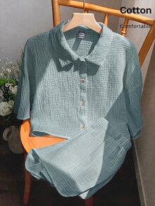 Comfortcana 女款夏季綠色度假襯衫短褲兩件套 - 水鴨藍 - 查看 2